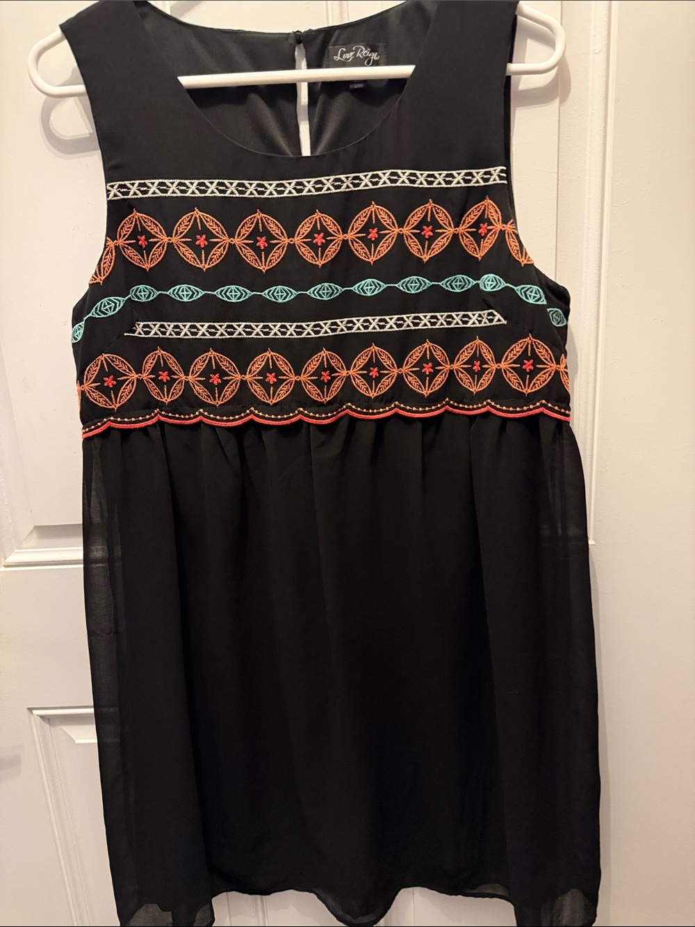 Love Reign Black Mini Dress with Orange and Teal Embroidery